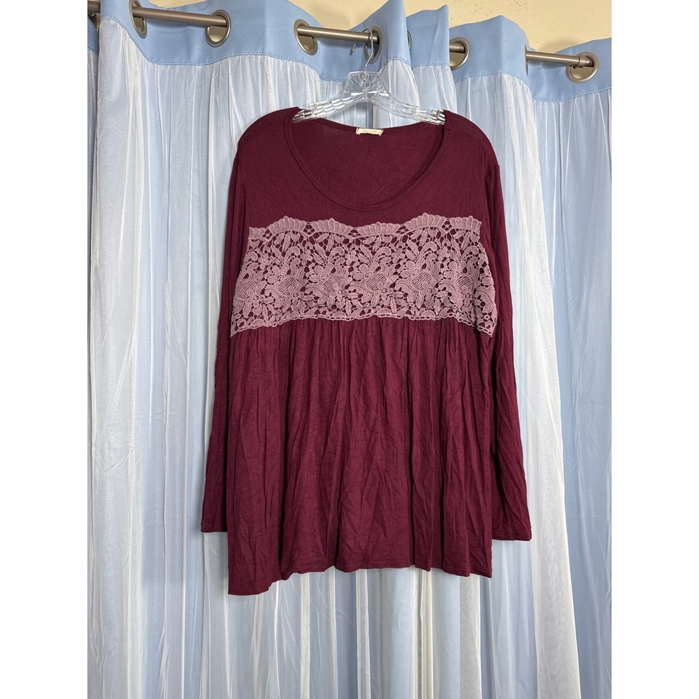 ODDY Tunic Top Womens 2XL T63144P Burgundy Crochet Lace Babydoll EUC